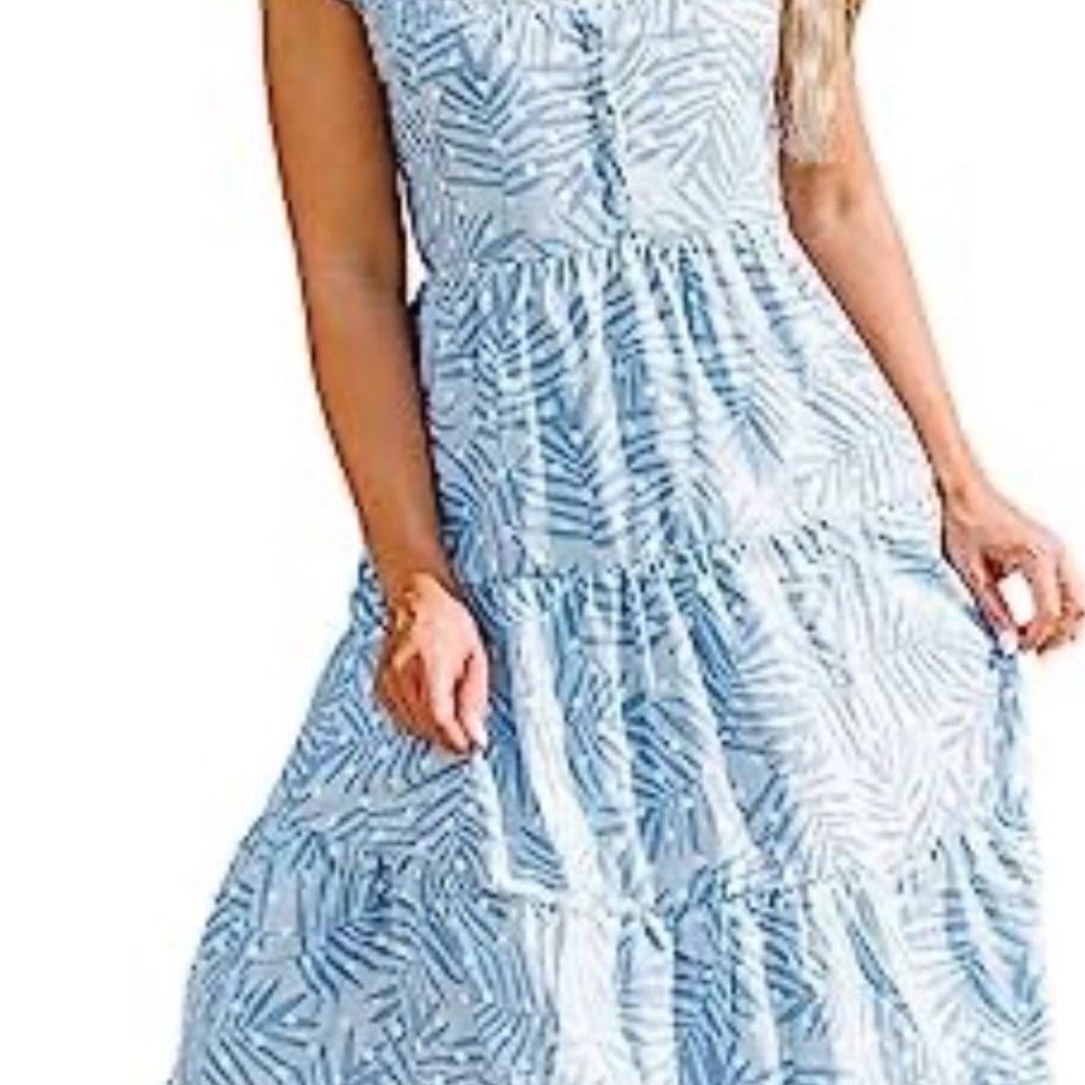 Chic Blue Leaf Print Maxi Dress